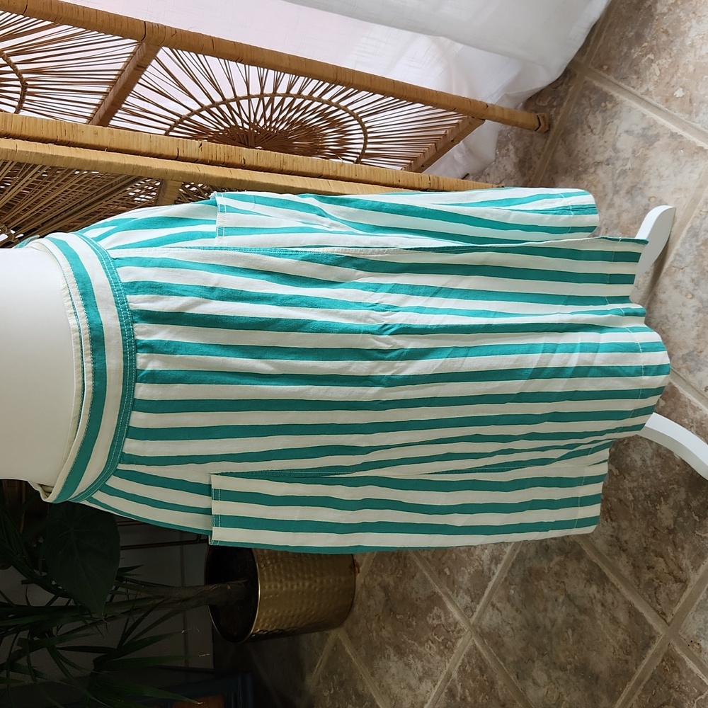 Maeve casual, true-wrap skirt. Cotton, green with yellow pinstripe. Size M.